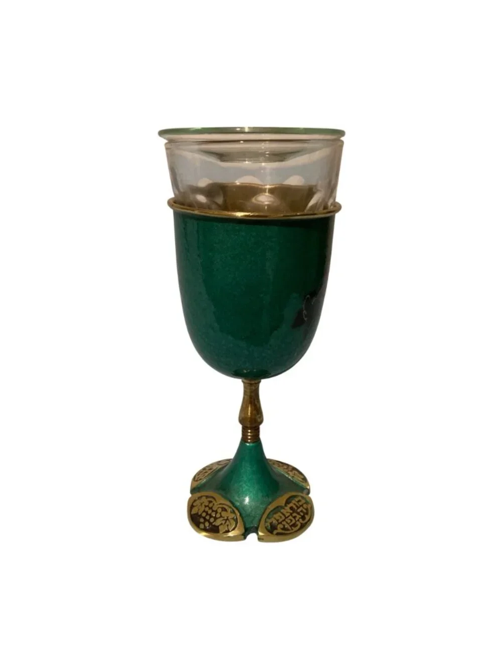 Vintage Brass And Enamel Kiddush Cup With Glass Insert And Top